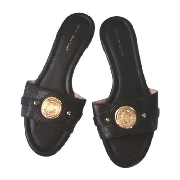 Tommy Hilfiger Black "Tricela" Flats Leather Slip Ons sz 8M Womens Sandals - Picture 1 of 8